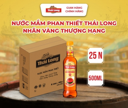 [Thùng 4 chai] Nước mắm Phan Thiết THÁI LONG - NHÃN VÀNG THƯỢNG HẠNG 25N - 500ml (Chai Pet)